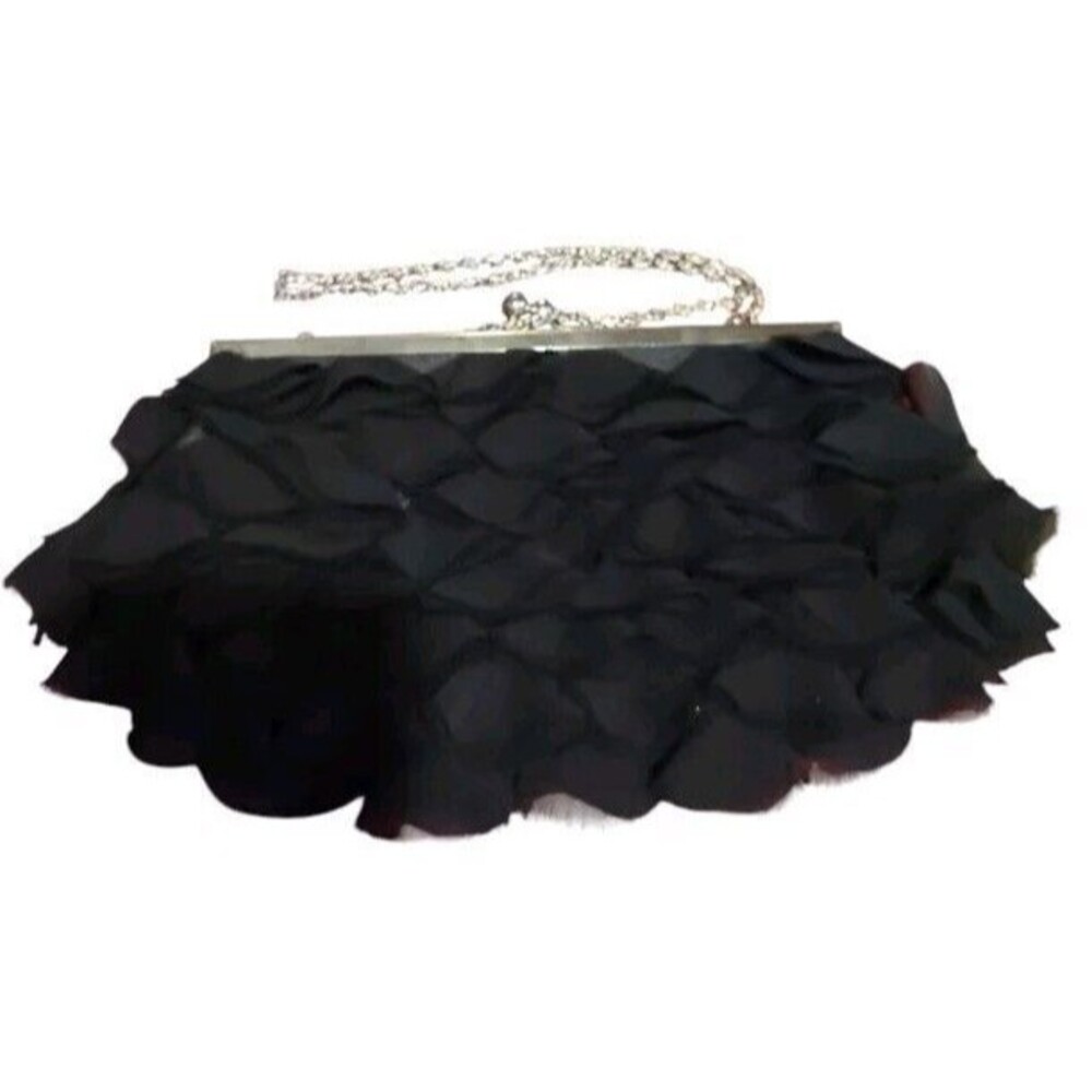 Vtg. Formal Purse Handbag In Satiny Black Tulle Silver Chain Strap Kiss Lock